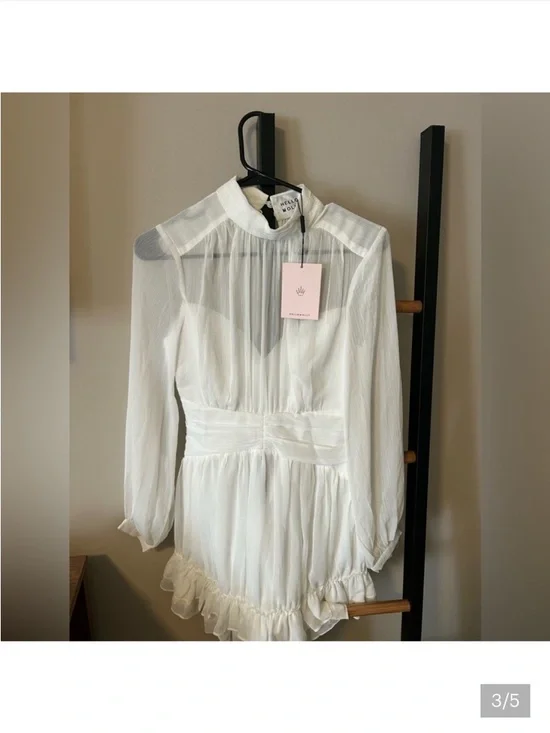 Hello Molly NWT Sz S  - White Sheer High-Neck Ruffle Mini Dress - Picture 2 of 3